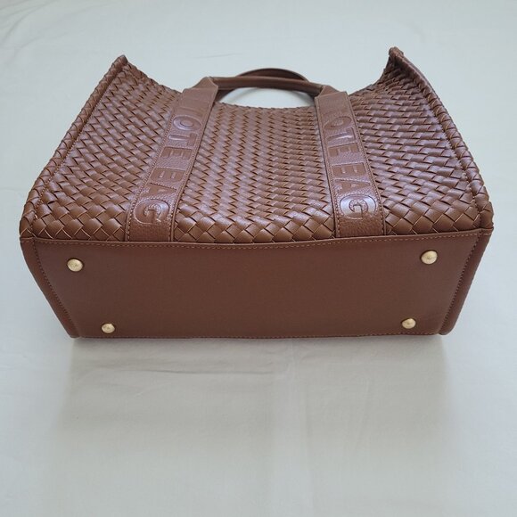 Cognac Brown Vegan Leather Woven Tote Bag & Wallet - Picture 2 of 12